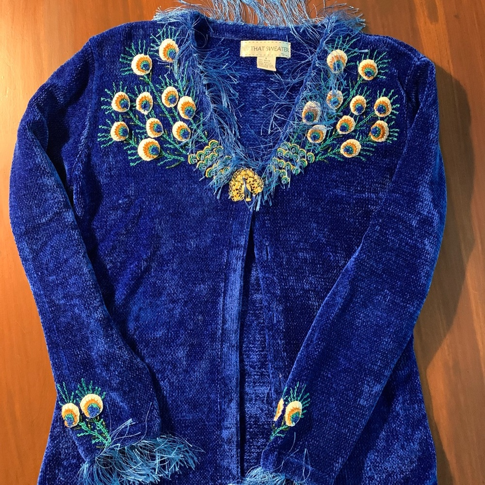 That Sweater!  Peacock cardigan….size Small….animal sweater.